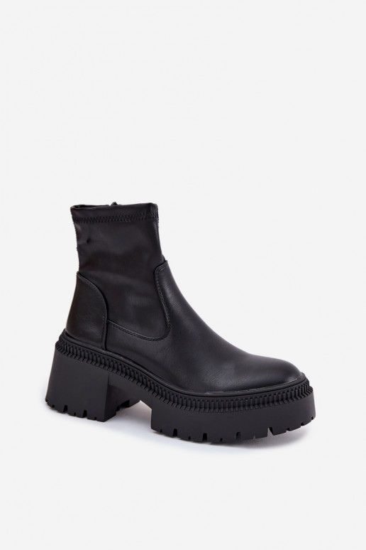 Damen Stiefeletten auf massiven Absätzen und Plattform aus schwarzem Kunstleder Elvianne