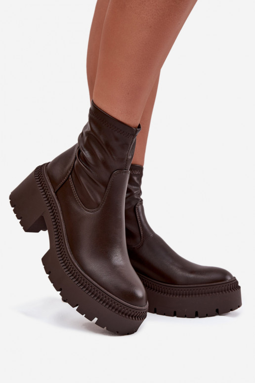 Damen Stiefeletten auf massiven Absätzen und Plattform aus braunem Kunstleder Elvianne