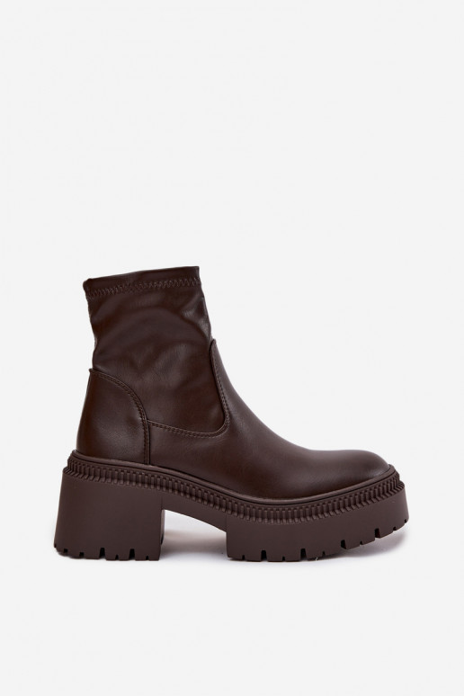 Damen Stiefeletten auf massiven Absätzen und Plattform aus braunem Kunstleder Elvianne
