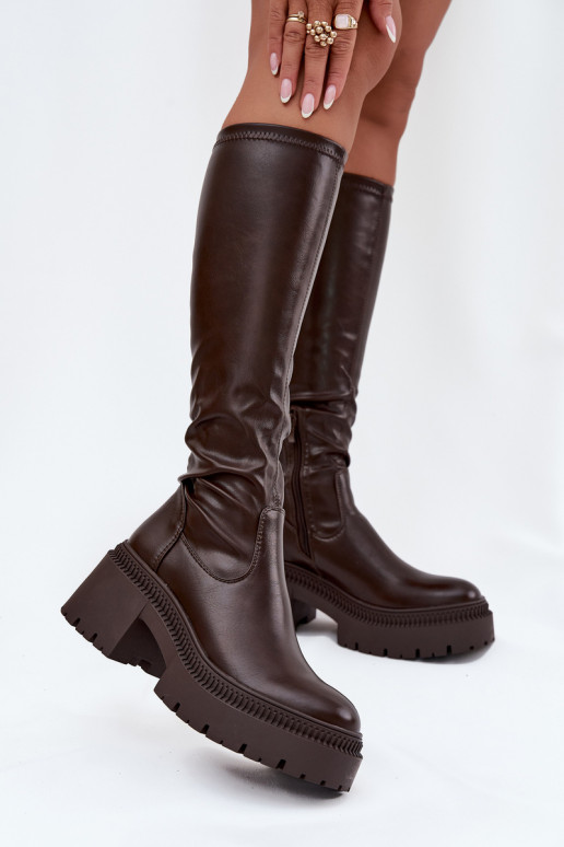 Damen kniehohe Stiefel auf massiven Absätzen und Plattform in braun Florinne