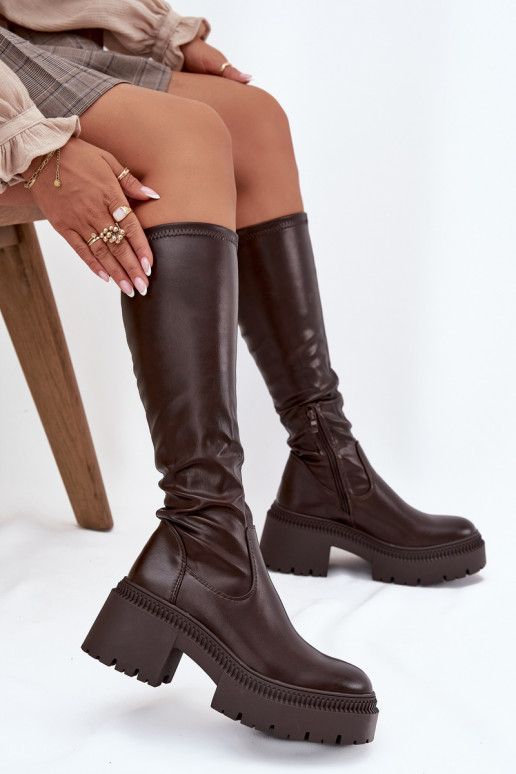 Damen kniehohe Stiefel auf massiven Absätzen und Plattform in braun Florinne