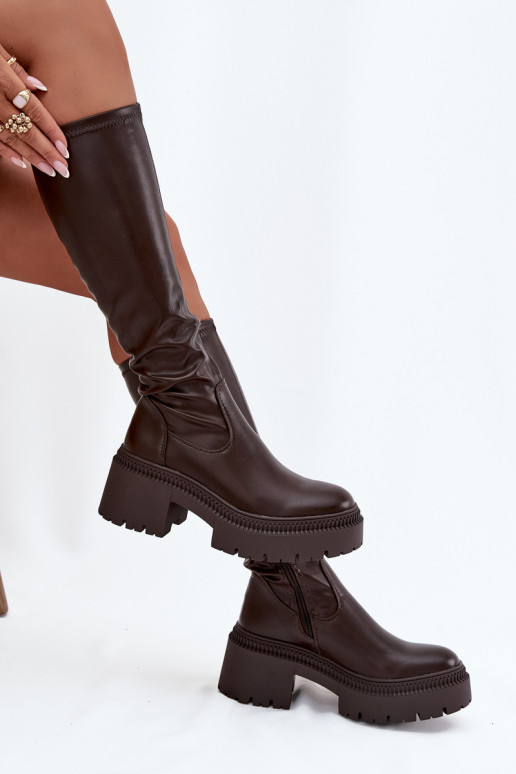 Damen kniehohe Stiefel auf massiven Absätzen und Plattform in braun Florinne