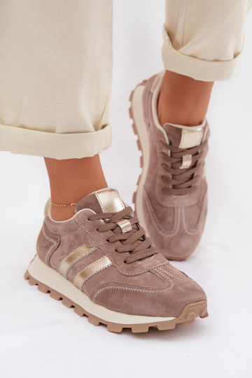 Sandfarbene Damen-Sneaker aus Kunstveloursleder auf Plattform S.Barski LR61-7097