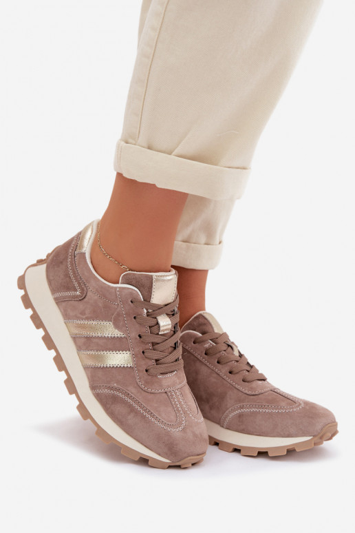 Sandfarbene Damen-Sneaker aus Kunstveloursleder auf Plattform S.Barski LR61-7097