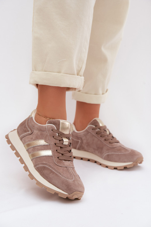 Sandfarbene Damen-Sneaker aus Kunstveloursleder auf Plattform S.Barski LR61-7097