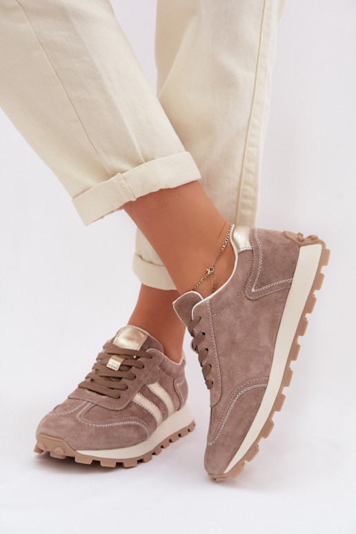Sandfarbene Damen-Sneaker aus Kunstveloursleder auf Plattform S.Barski LR61-7097