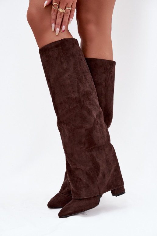 Damen Stiefel gefüttert mit Einsätzen und Absätzen aus Kunstveloursleder schokoladenfarben Elivira