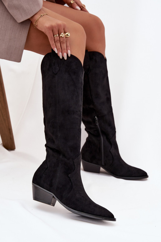 Kniehohe Stiefel aus Kunstveloursleder im Cowboy-Stil mit Absätzen schwarz Jenaya