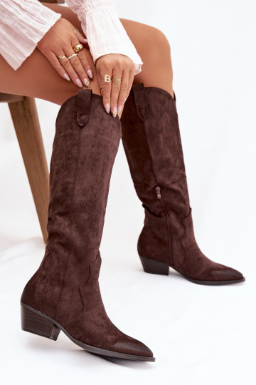 Kniehohe Stiefel aus Kunstveloursleder im Cowboy-Stil mit Absätzen schokoladenfarben Jenaya