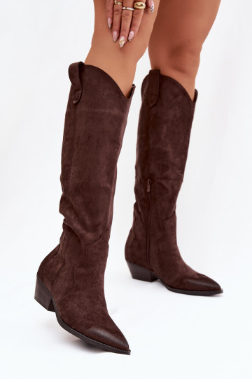 Kniehohe Stiefel aus Kunstveloursleder im Cowboy-Stil mit Absätzen schokoladenfarben Jenaya 2