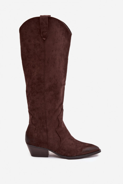 Kniehohe Stiefel aus Kunstveloursleder im Cowboy-Stil mit Absätzen schokoladenfarben Jenaya