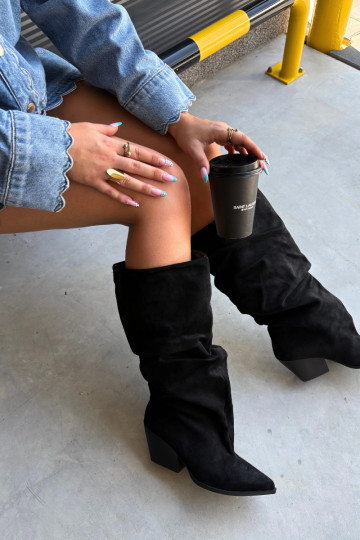 Damenstiefel Mit gekräuseltem Oberteil mit Absätzen aus INildleder schZuarze Farbe Durela