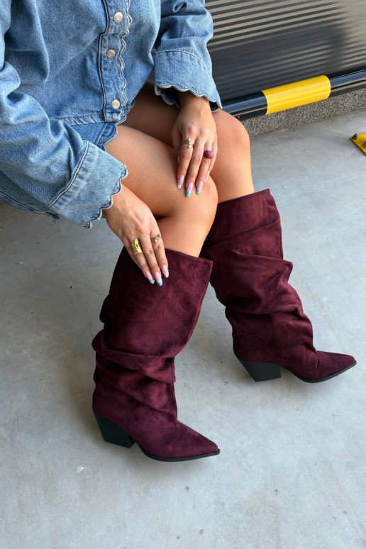 Damen Overknee-Stiefel mit gebogener Oberseite und Absätzen aus Wildleder in burgunderfarbener Durela