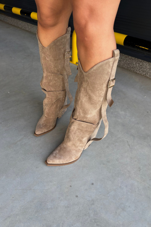 Damen Overknee-Stiefel mit Absätzen, Rüschen und Schnallen in sandfarbener Caster