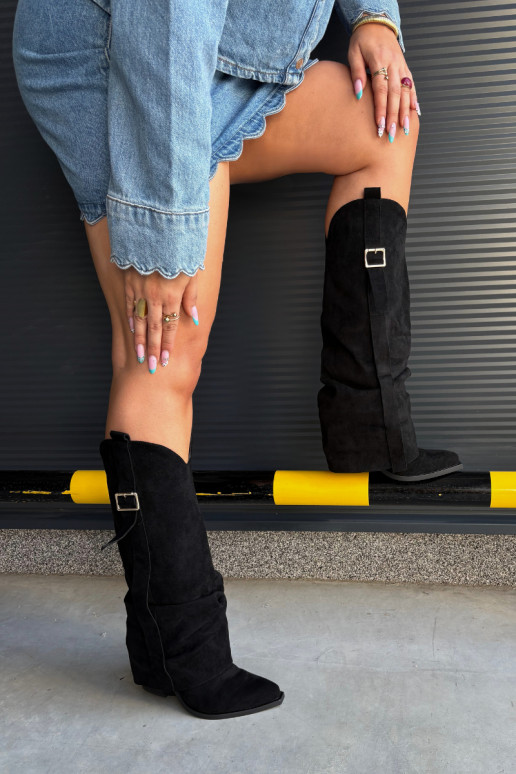 Schwarze Damenstiefel bis zum Knie mit Absätzen und Schnallen Caster