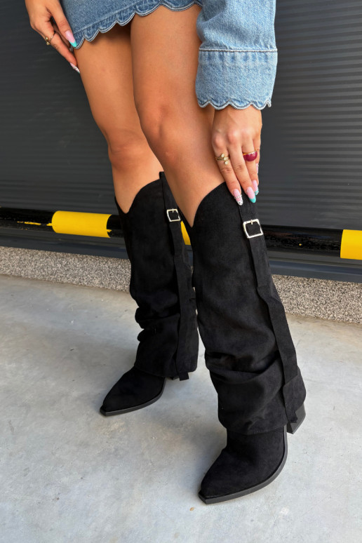 Schwarze Damenstiefel bis zum Knie mit Absätzen und Schnallen Caster