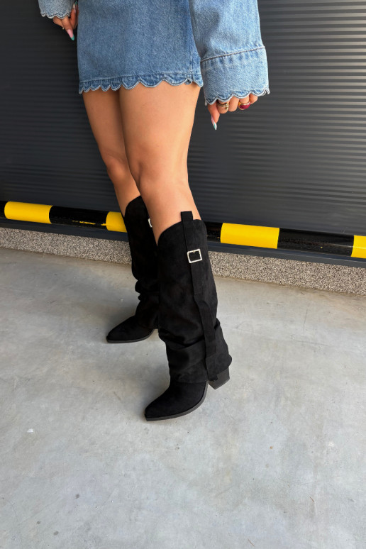Schwarze Damenstiefel bis zum Knie mit Absätzen und Schnallen Caster