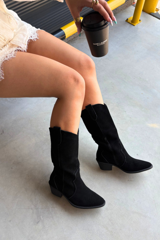 Kniehohe Cowboy-Stiefel aus natürlichem Wildleder mit Isolierung und Absatz in schwarzer Farbe Radley