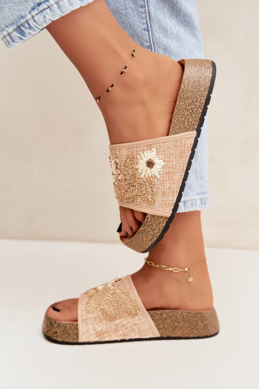 Sandfarbene Damen-Platform-Slipper mit Dekoration Ledina