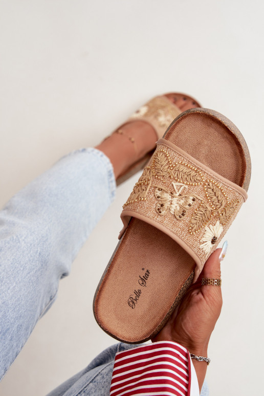 Sandfarbene Damen-Platform-Slipper mit Dekoration Ledina