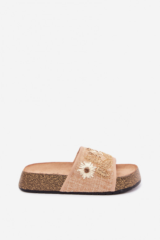 Sandfarbene Damen-Platform-Slipper mit Dekoration Ledina