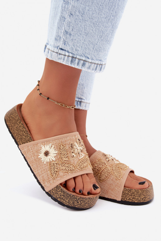 Sandfarbene Damen-Platform-Slipper mit Dekoration Ledina