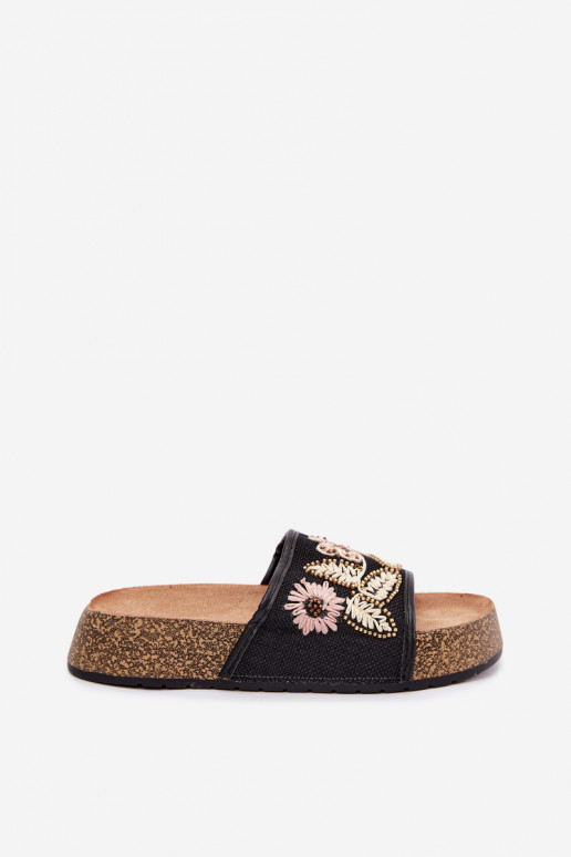 Schwarze Damen-Platform-Slipper mit Dekoration Ledina
