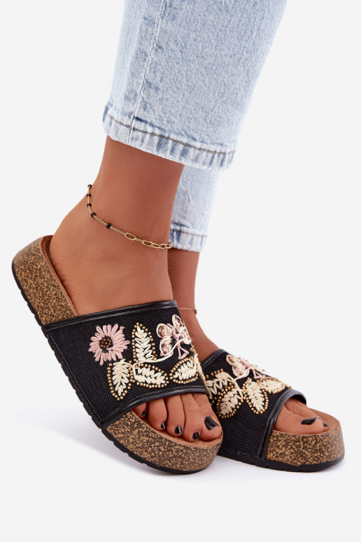 Schwarze Damen-Platform-Slipper mit Dekoration Ledina