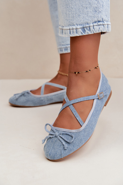 Denim Ballerinas mit Bändern Kokardką