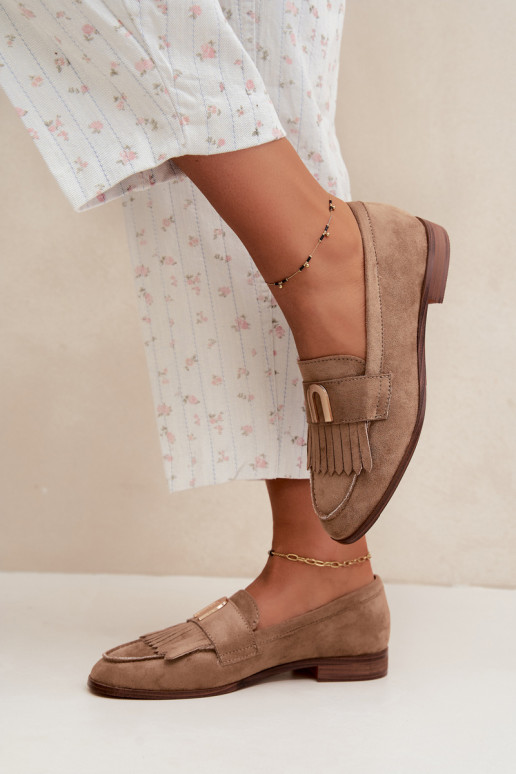 Sandfarbene Damen-Mokassins mit Fransen und goldenen Details Brenis