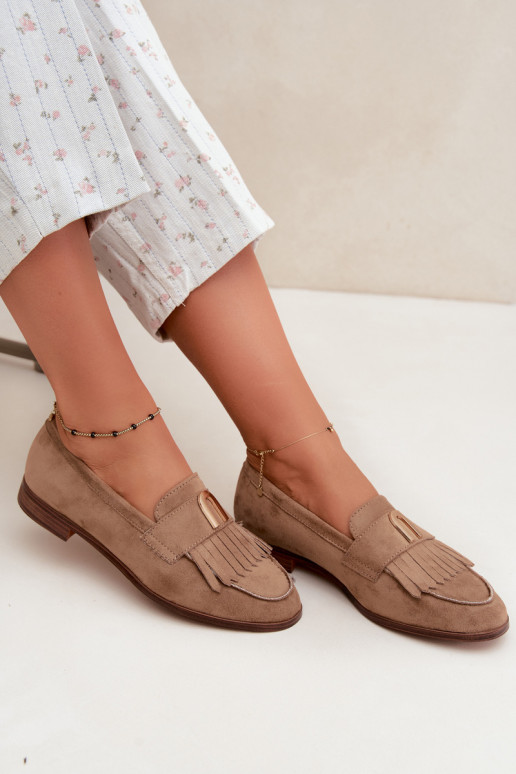 Sandfarbene Damen-Mokassins mit Fransen und goldenen Details Brenis