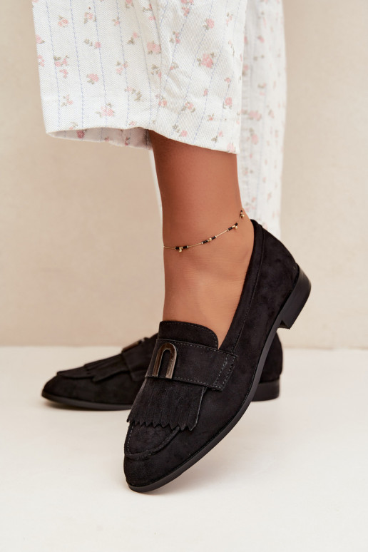 Schwarze Damen-Mokassins mit Fransen und goldenen Details Brenis