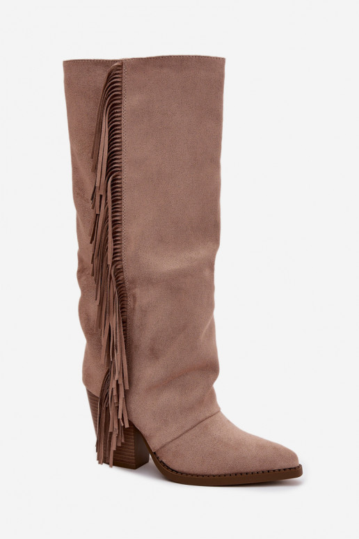 Sandfarbene kniehohe Stiefel im Cowboy-Stil mit Absatz und Fransen Tivara