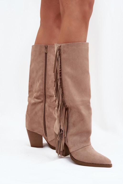 Sandfarbene kniehohe Stiefel im Cowboy-Stil mit Absatz und Fransen Tivara