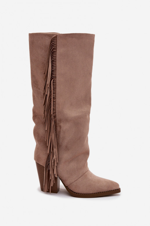 Sandfarbene kniehohe Stiefel im Cowboy-Stil mit Absatz und Fransen Tivara
