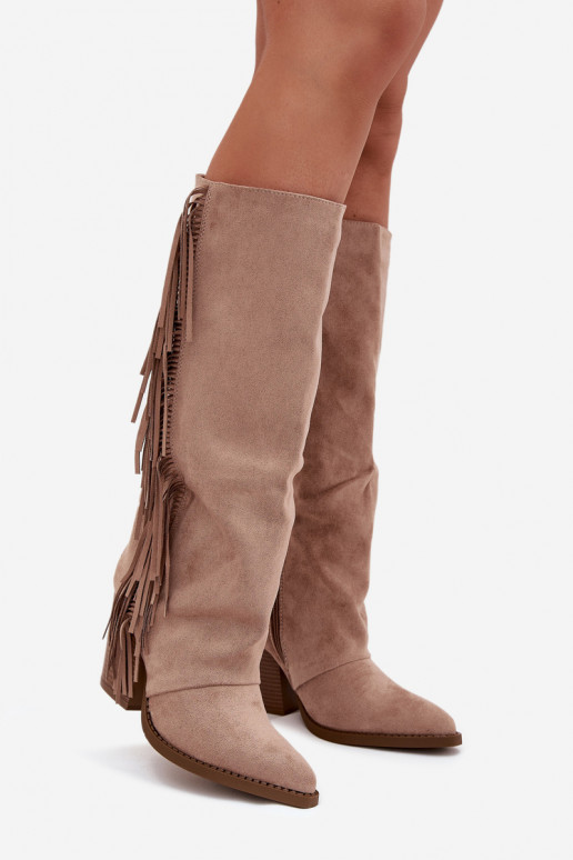 Sandfarbene kniehohe Stiefel im Cowboy-Stil mit Absatz und Fransen Tivara