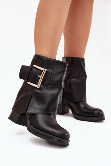 Schwarze Damen gefütterte Stiefeletten mit Absätzen und goldenen Schnallen Milira 2