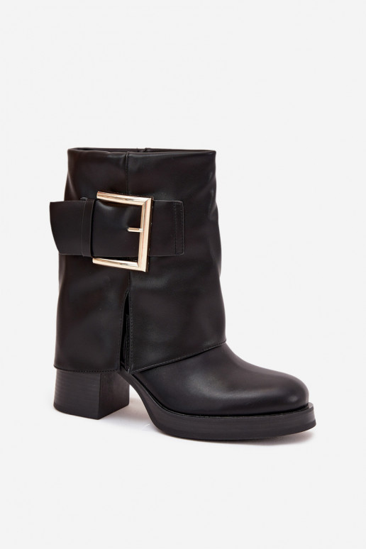 Schwarze Damen gefütterte Stiefeletten mit Absätzen und goldenen Schnallen Milira