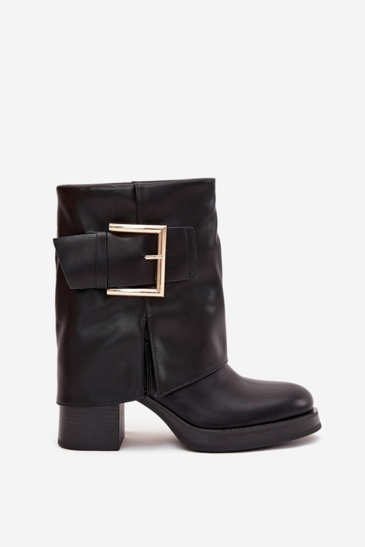 Schwarze Damen gefütterte Stiefeletten mit Absätzen und goldenen Schnallen Milira