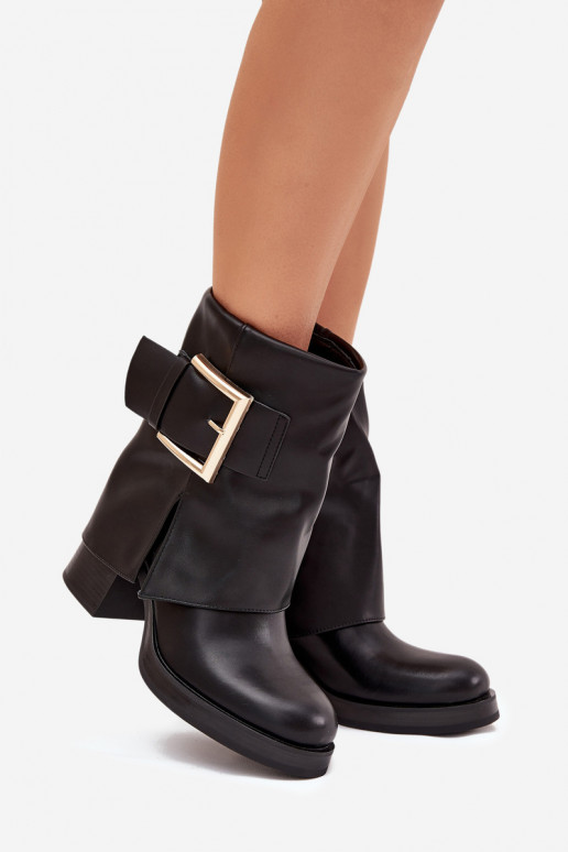 Schwarze Damen gefütterte Stiefeletten mit Absätzen und goldenen Schnallen Milira