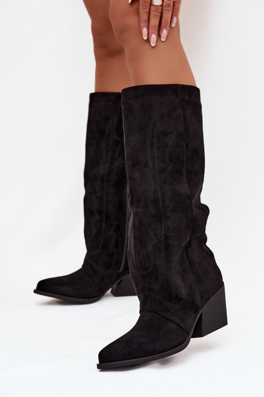 Schwarze kniehohe Stiefel im Cowboy-Stil mit Absatz Isalina