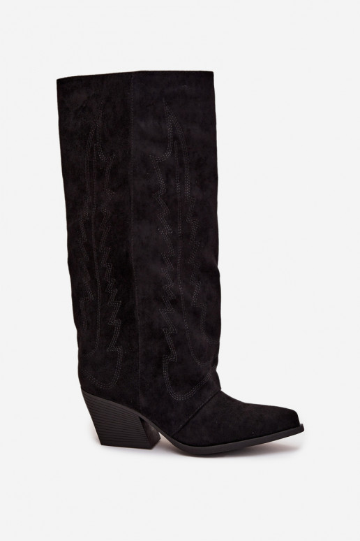 Schwarze kniehohe Stiefel im Cowboy-Stil mit Absatz Isalina