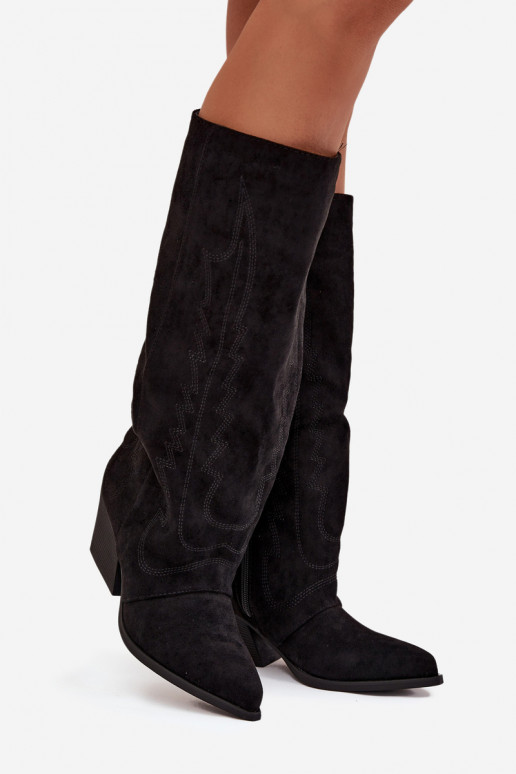 Schwarze kniehohe Stiefel im Cowboy-Stil mit Absatz Isalina