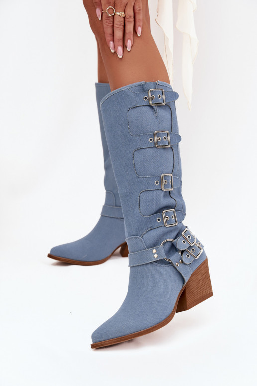 Jeans kniehohe Stiefel im Cowboy-Stil mit Absatz und Schnallen Fivelle
