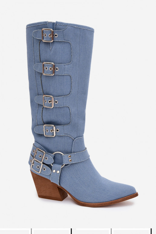 Jeans kniehohe Stiefel im Cowboy-Stil mit Absatz und Schnallen Fivelle