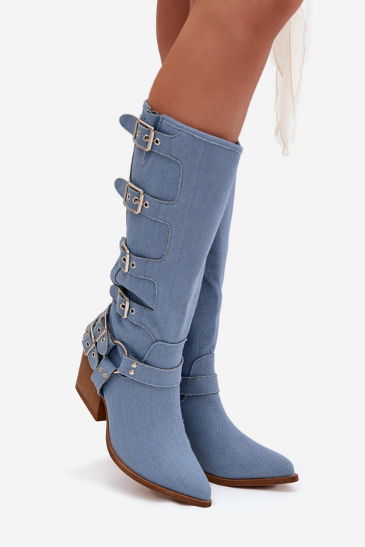 Jeans kniehohe Stiefel im Cowboy-Stil mit Absatz und Schnallen Fivelle