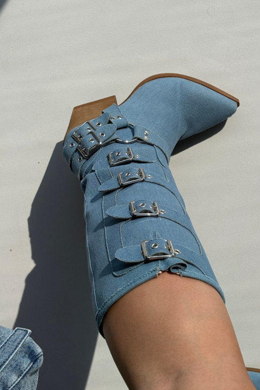 Jeans kniehohe Stiefel im Cowboy-Stil mit Absatz und Schnallen Fivelle