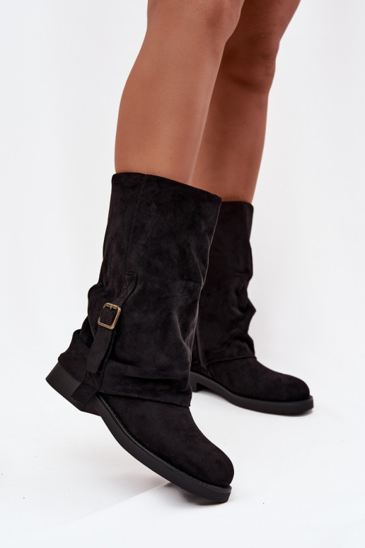 Schwarze Damen Stiefeletten mit Schnallen bis zur Wadenmitte Minelle