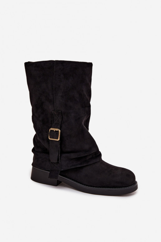 Schwarze Damen Stiefeletten mit Schnallen bis zur Wadenmitte Minelle