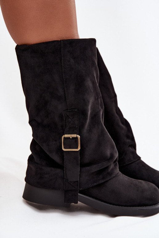 Schwarze Damen Stiefeletten mit Schnallen bis zur Wadenmitte Minelle